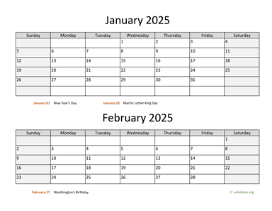 January and February 2025 Calendar Horizontal