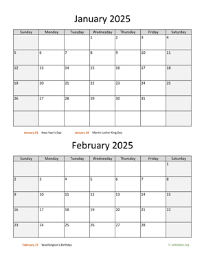 January and February 2025 Calendar Vertical