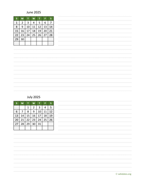 June and July 2025 Calendar with Notes