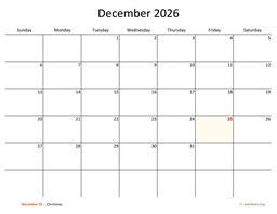 December 2026 Calendar with Bigger boxes