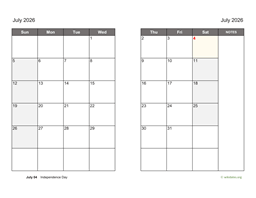 July 2026 Calendar on two pages