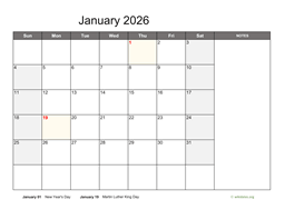 Monthly 2026 Calendar with Notes