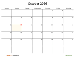 October 2026 Calendar with Bigger boxes