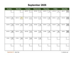 September 2026 Calendar with Day Numbers