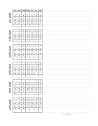 six months 2026 calendar vertical with notes