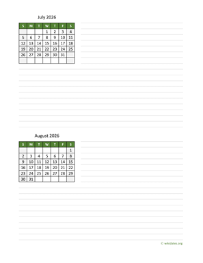 July and August 2026 Calendar with Notes