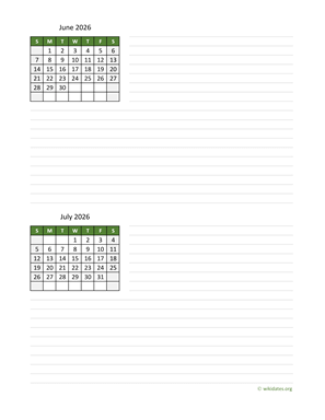 June and July 2026 Calendar with Notes