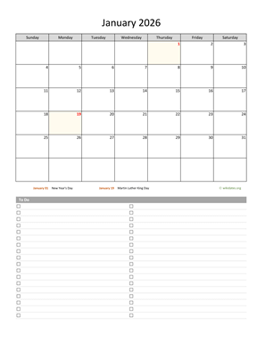 Monthly 2026 Calendar with To-Do List