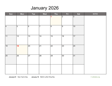 Monthly 2026 Calendar with Notes
