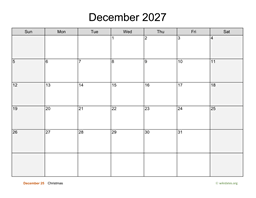 December 2027 Calendar with Weekend Shaded
