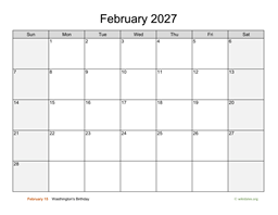 February 2027 Calendar with Weekend Shaded