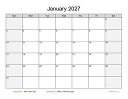 Monthly 2027 Calendar with Weekend Shaded
