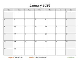 January 2028 Calendar with Weekend Shaded