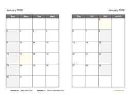 January 2028 Calendar on two pages