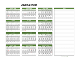 Yearly Printable 2038 Calendar with Notes