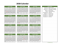 Printable 2038 Calendar with Federal Holidays