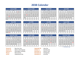 PDF Calendar 2038 with Federal Holidays
