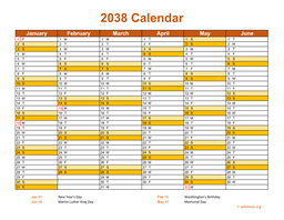 2038 Calendar on 2 Pages, Landscape Orientation