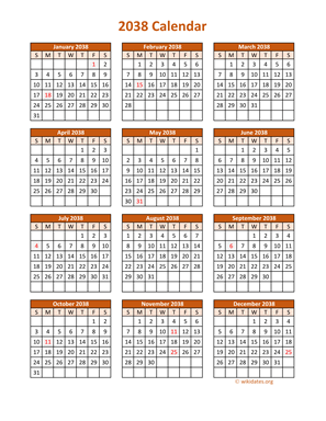 Full Year 2038 Calendar on one page