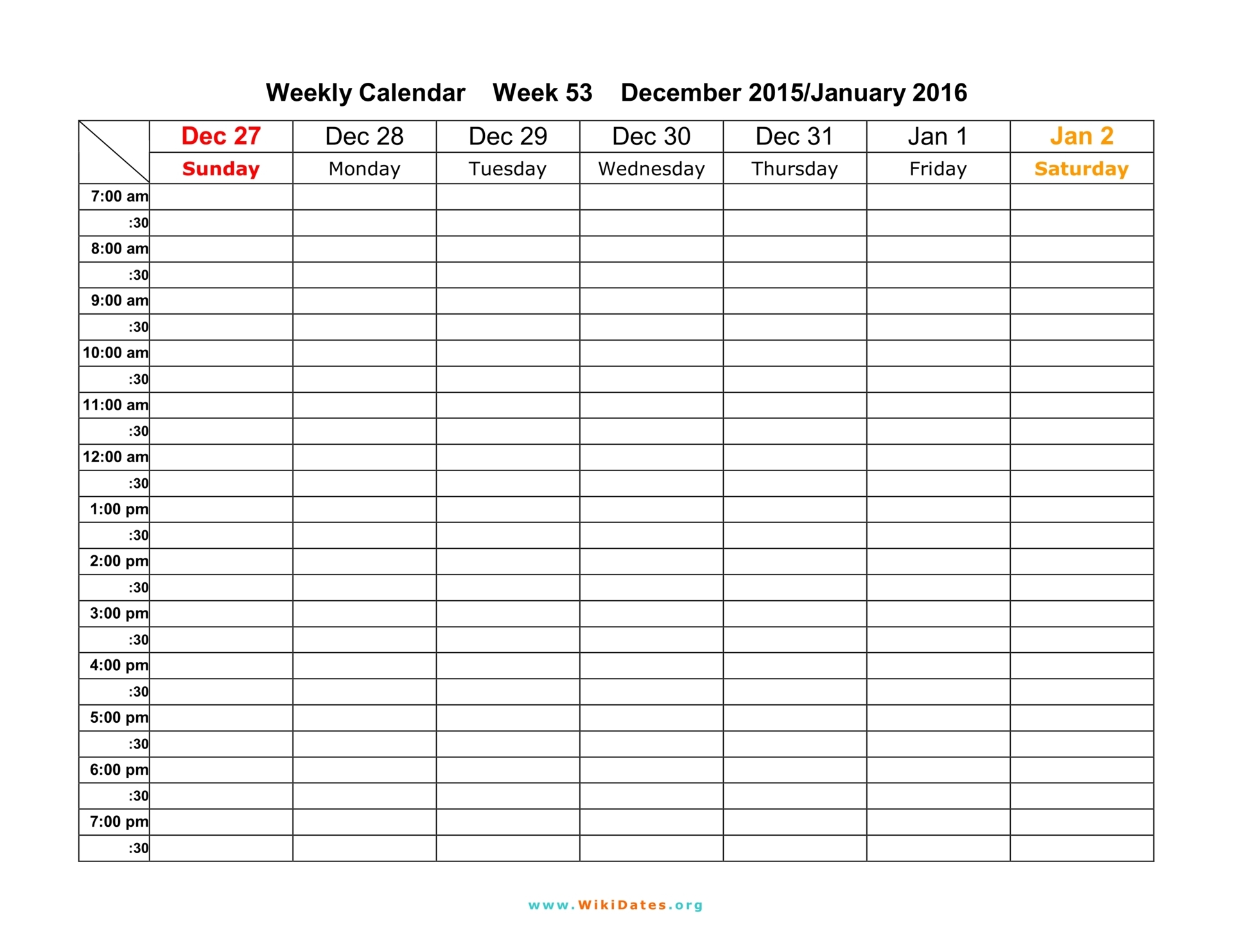 Weekly Calendar Blank 2016