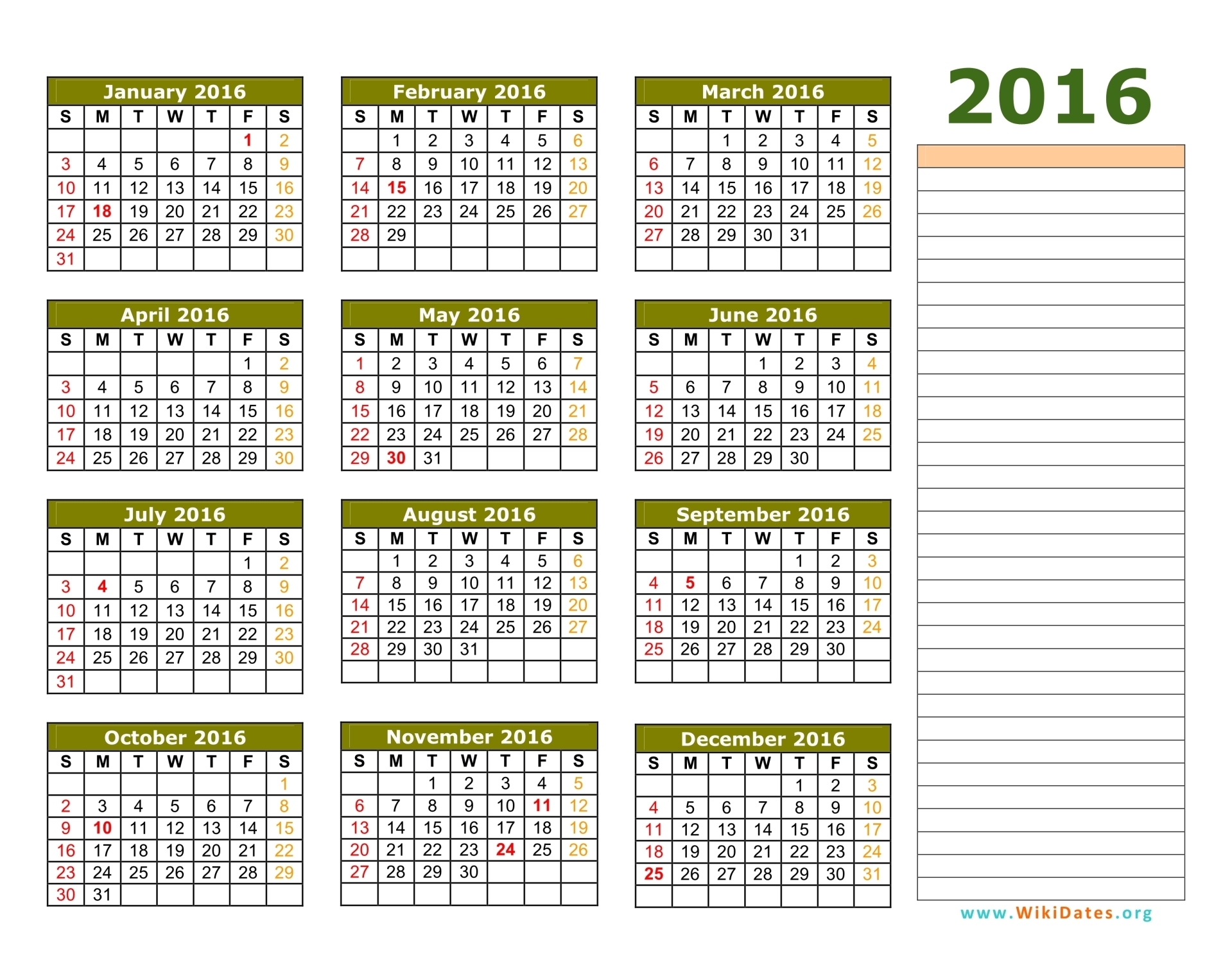 Editable Calendar Template 2016 from www.wikidates.org