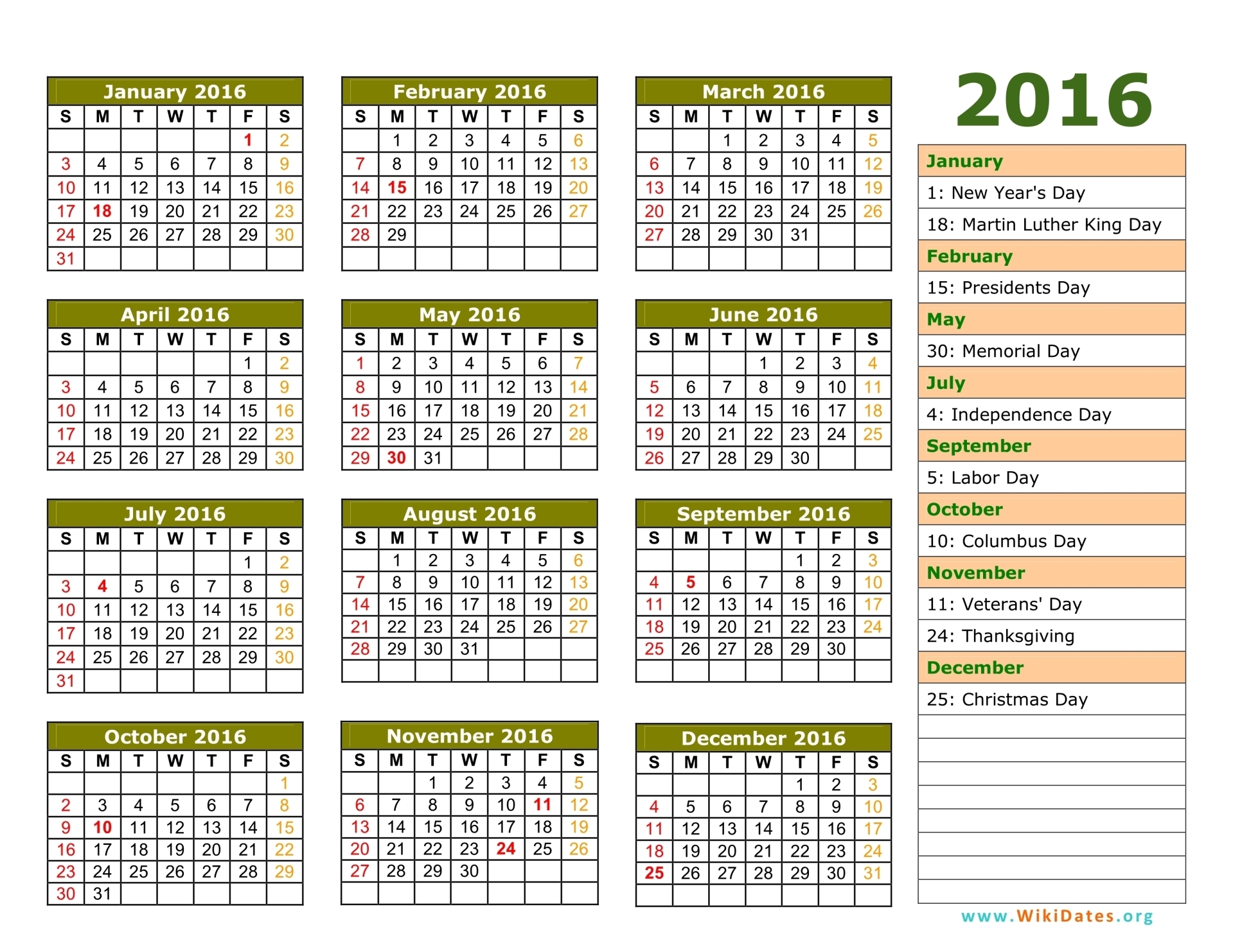 Yearly Calendar Template Excel 2016