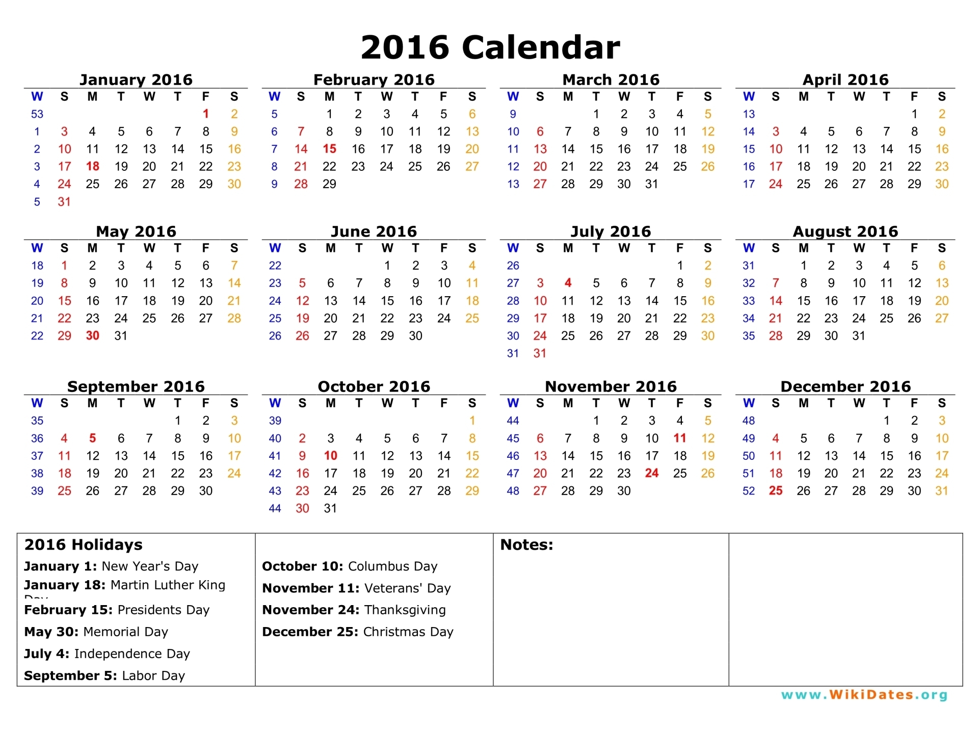 2016 Calendar Template With Holidays from www.wikidates.org