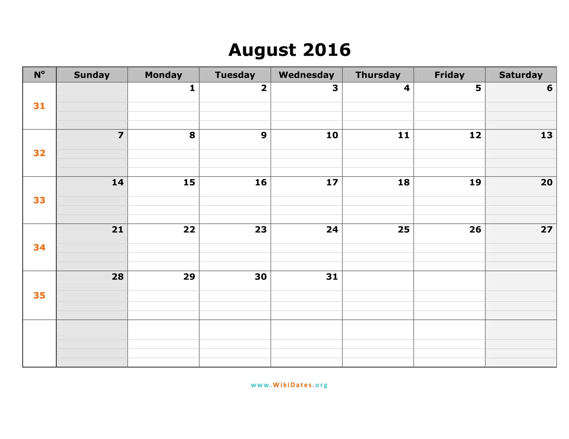 August 2016 Calendar