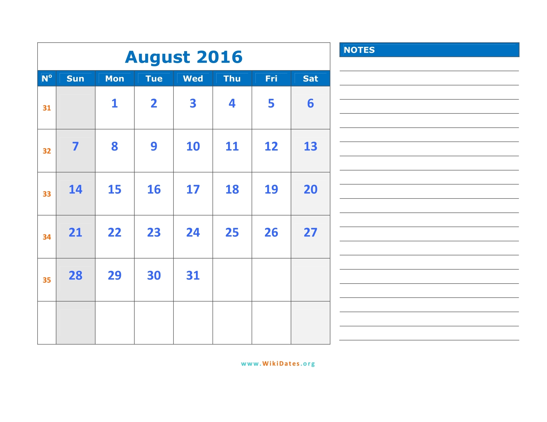 August 2016 Calendar