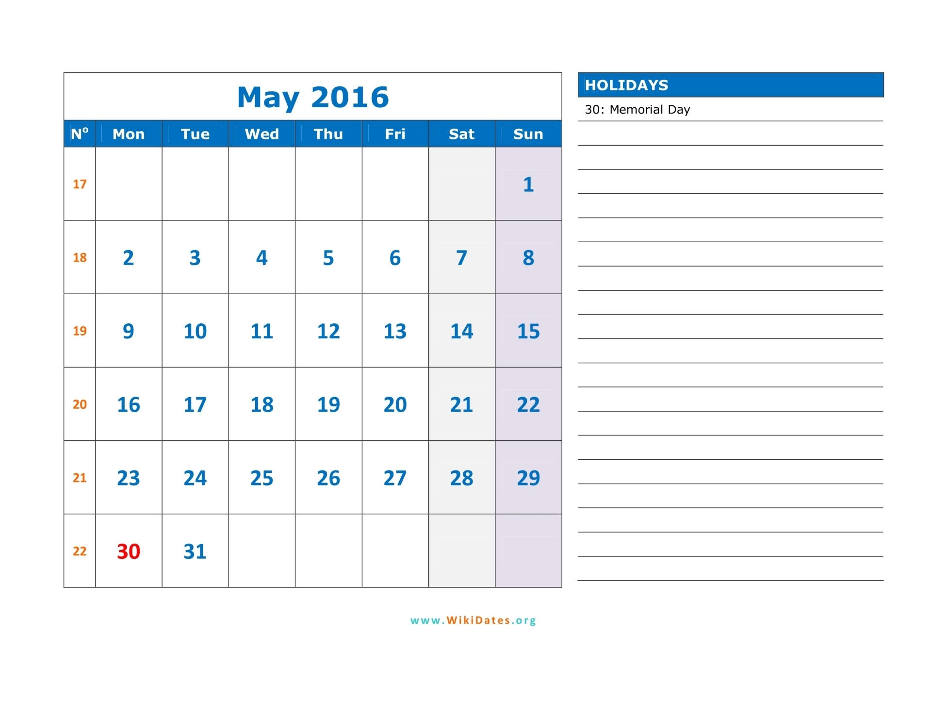 May 2016 Calendar | WikiDates.org