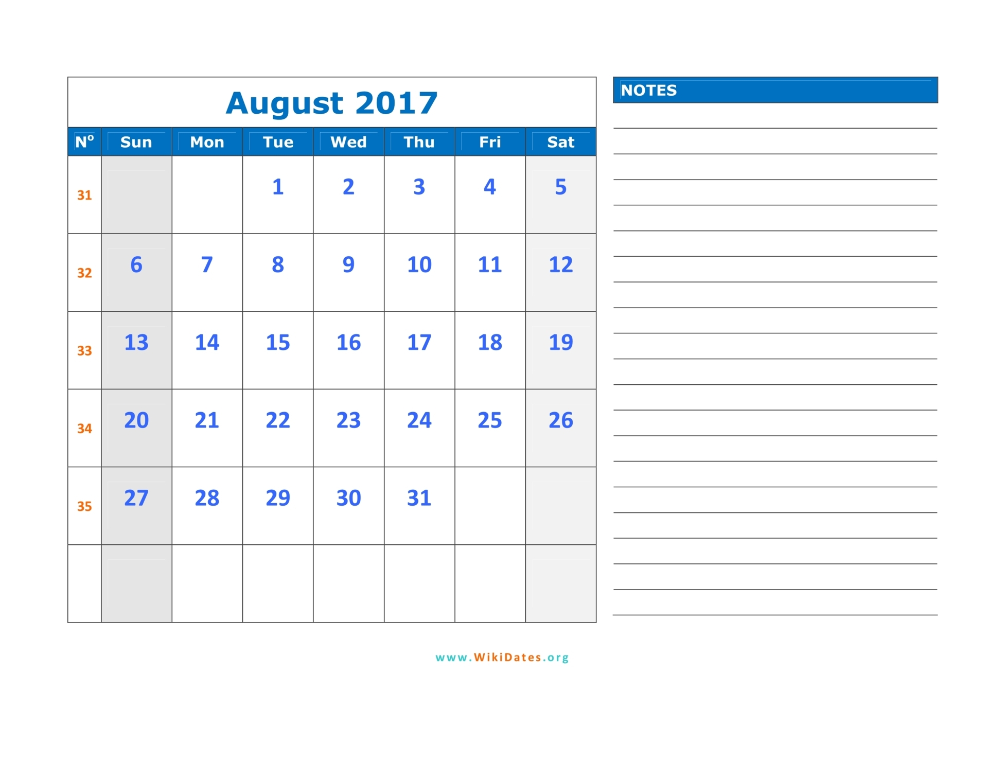 August 2017 Calendar WikiDates