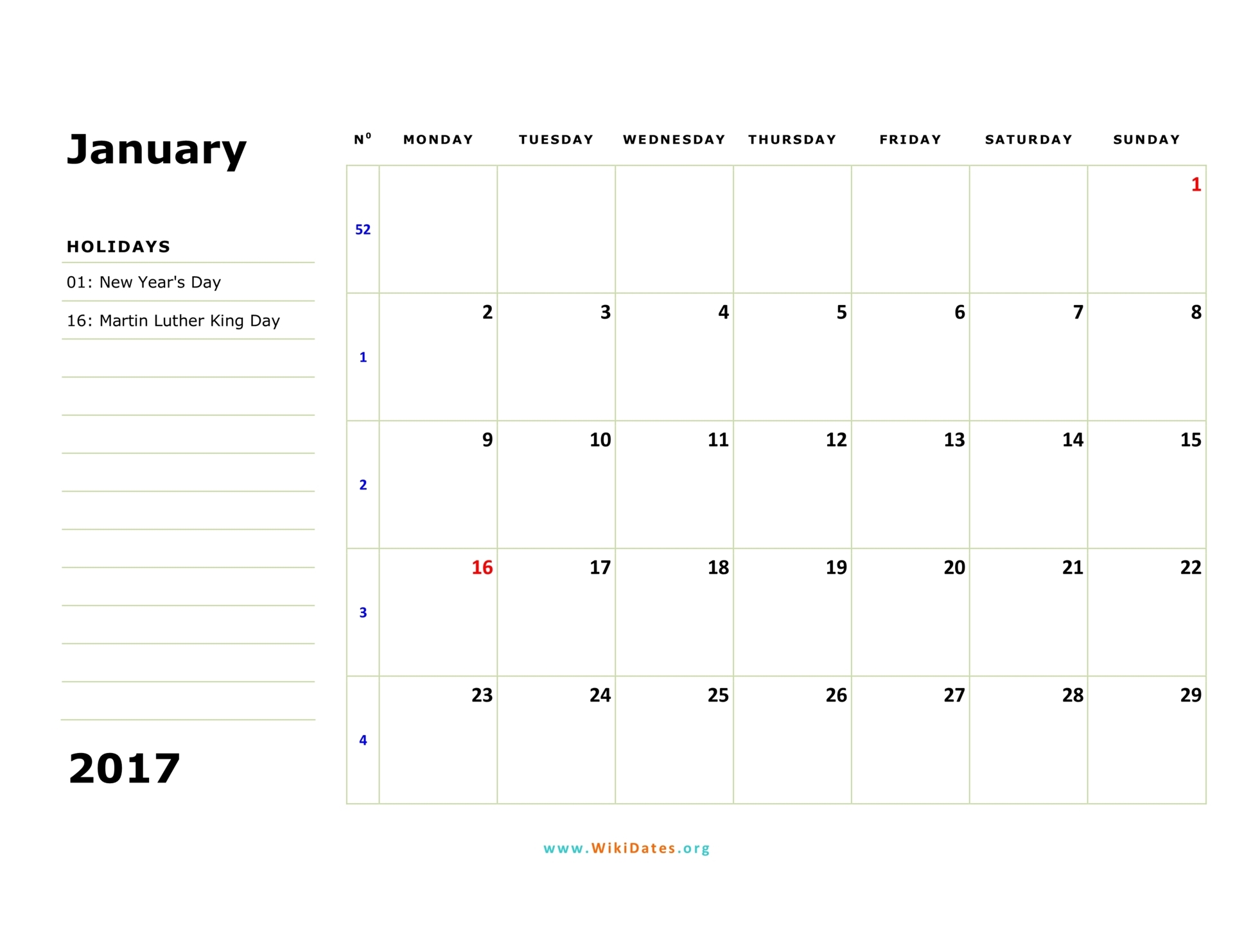 January 2017 Calendar