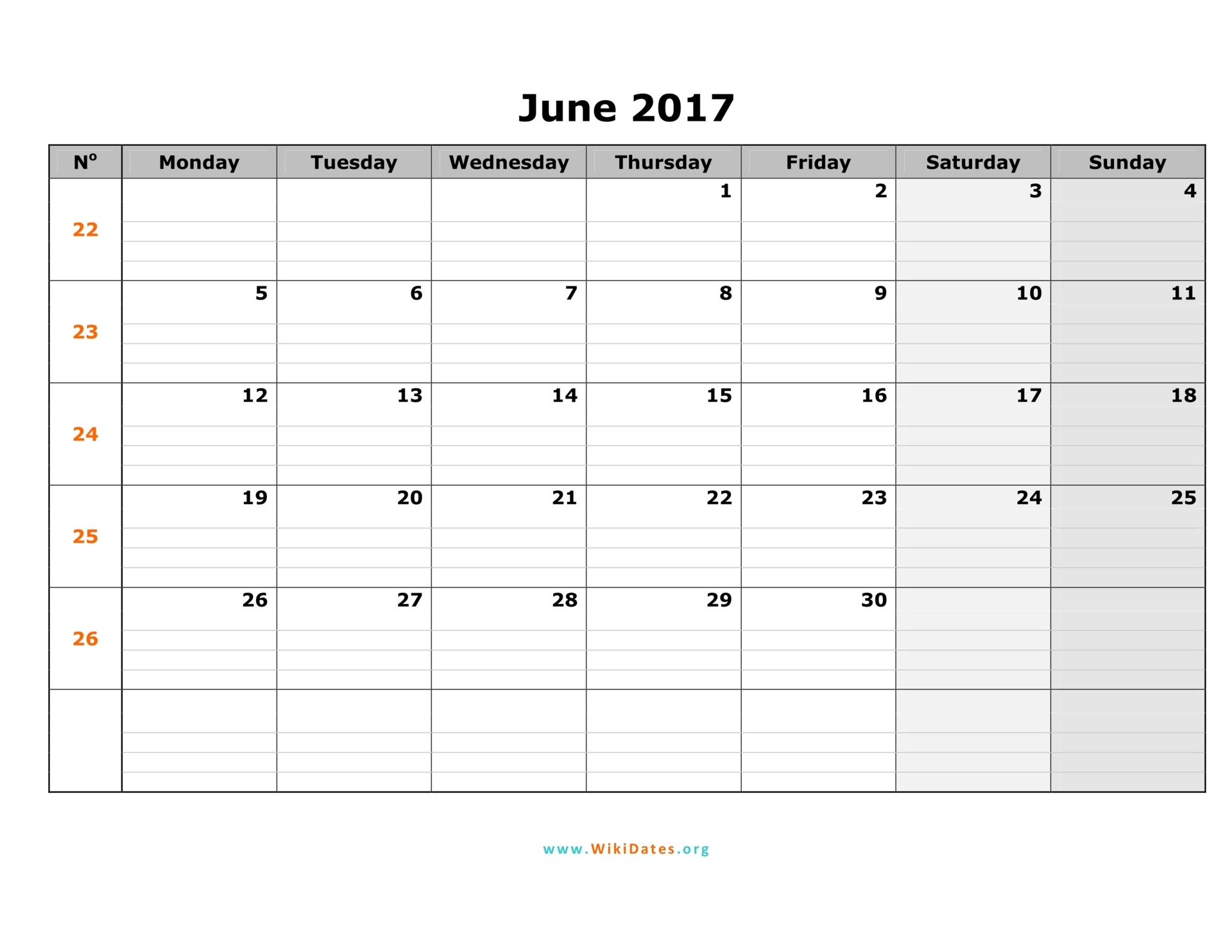 June 2017 Calendar Landscape