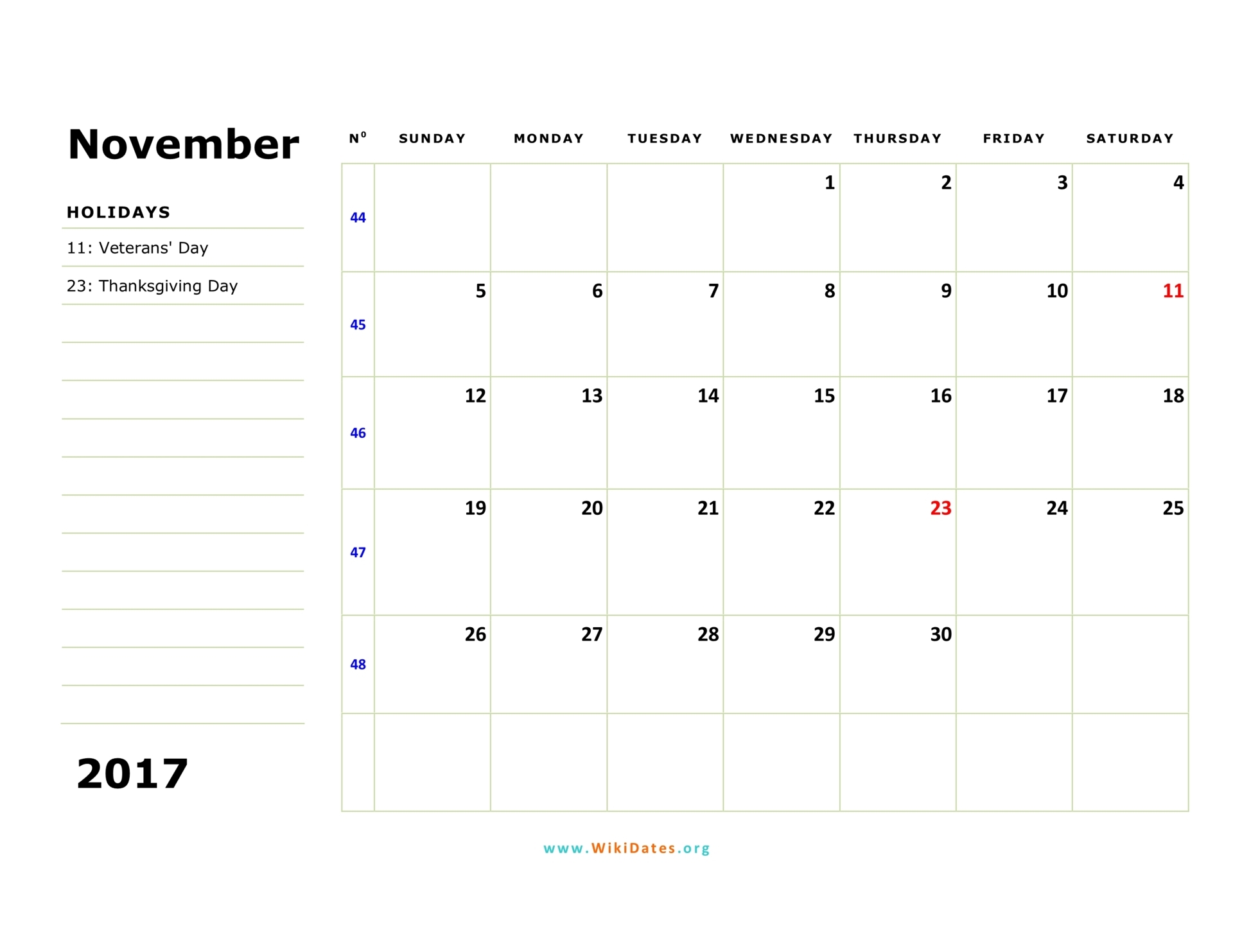 November 2017 Calendar WikiDates