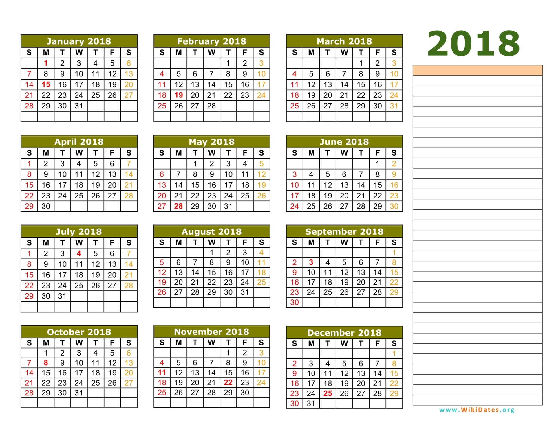 2018 12 Month Calendar Template from www.wikidates.org