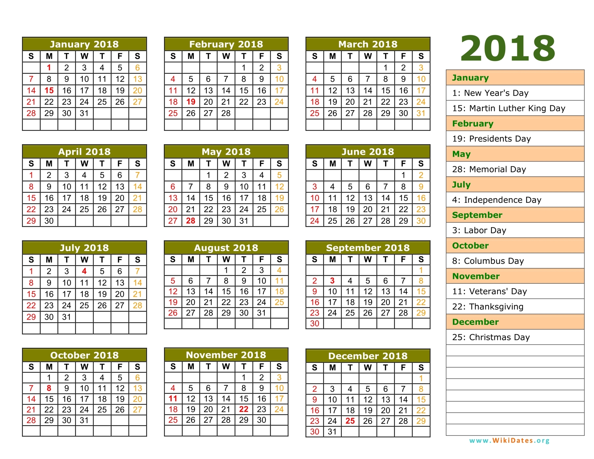 2018 Calendar  WikiDates.org
