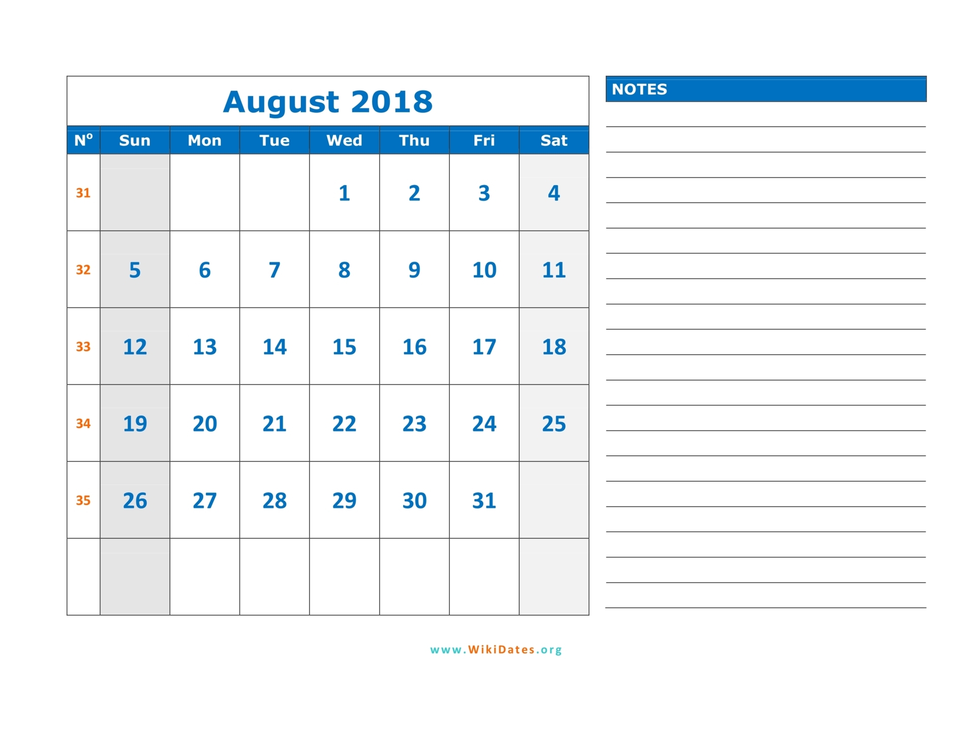 August 2018 Calendar Editable