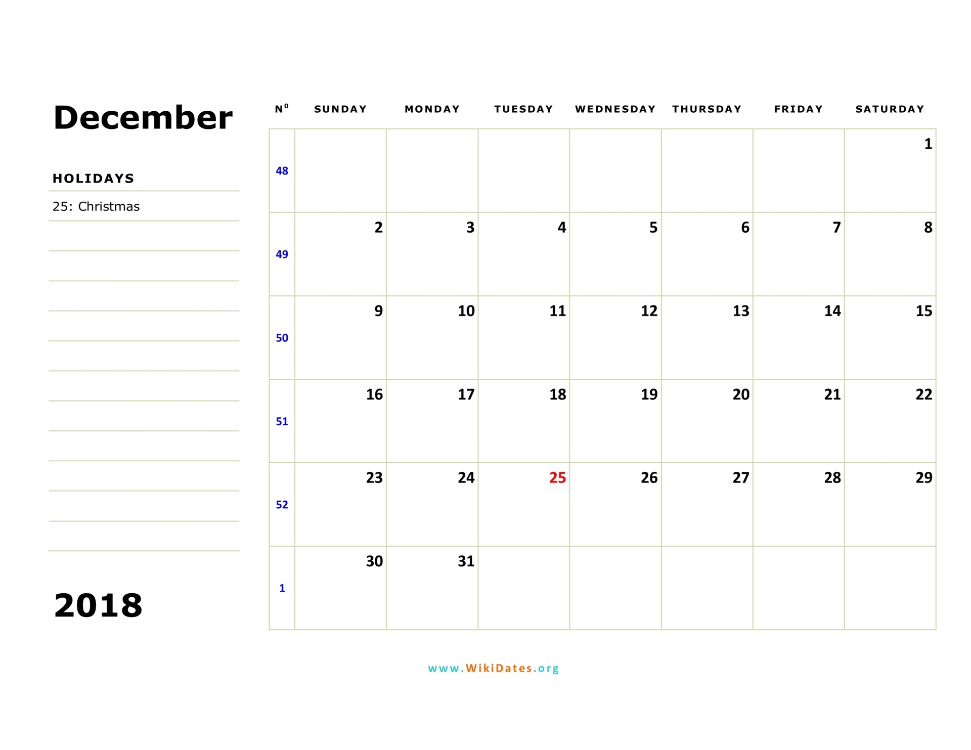 calendar page december 2018