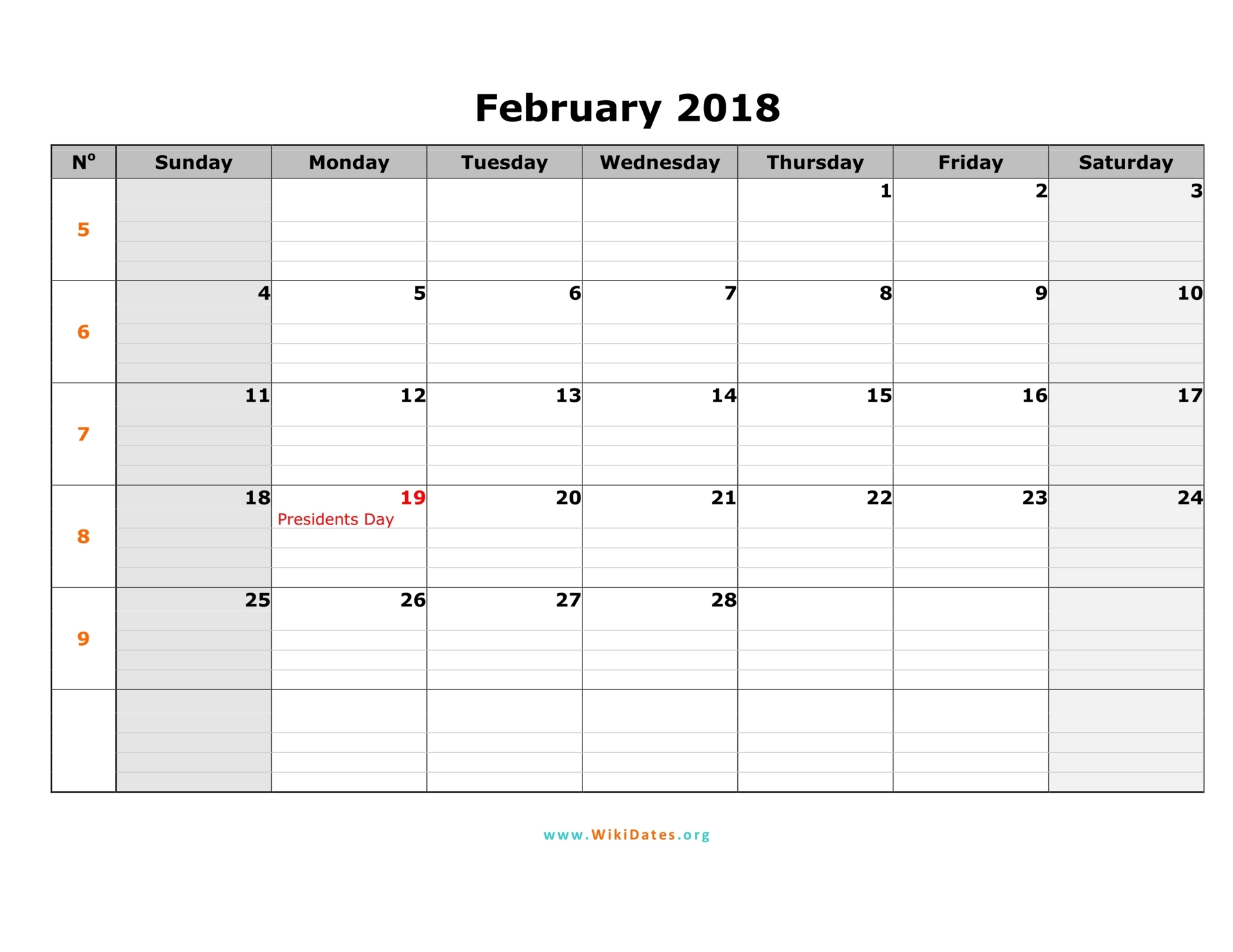 february 2018 calendar template