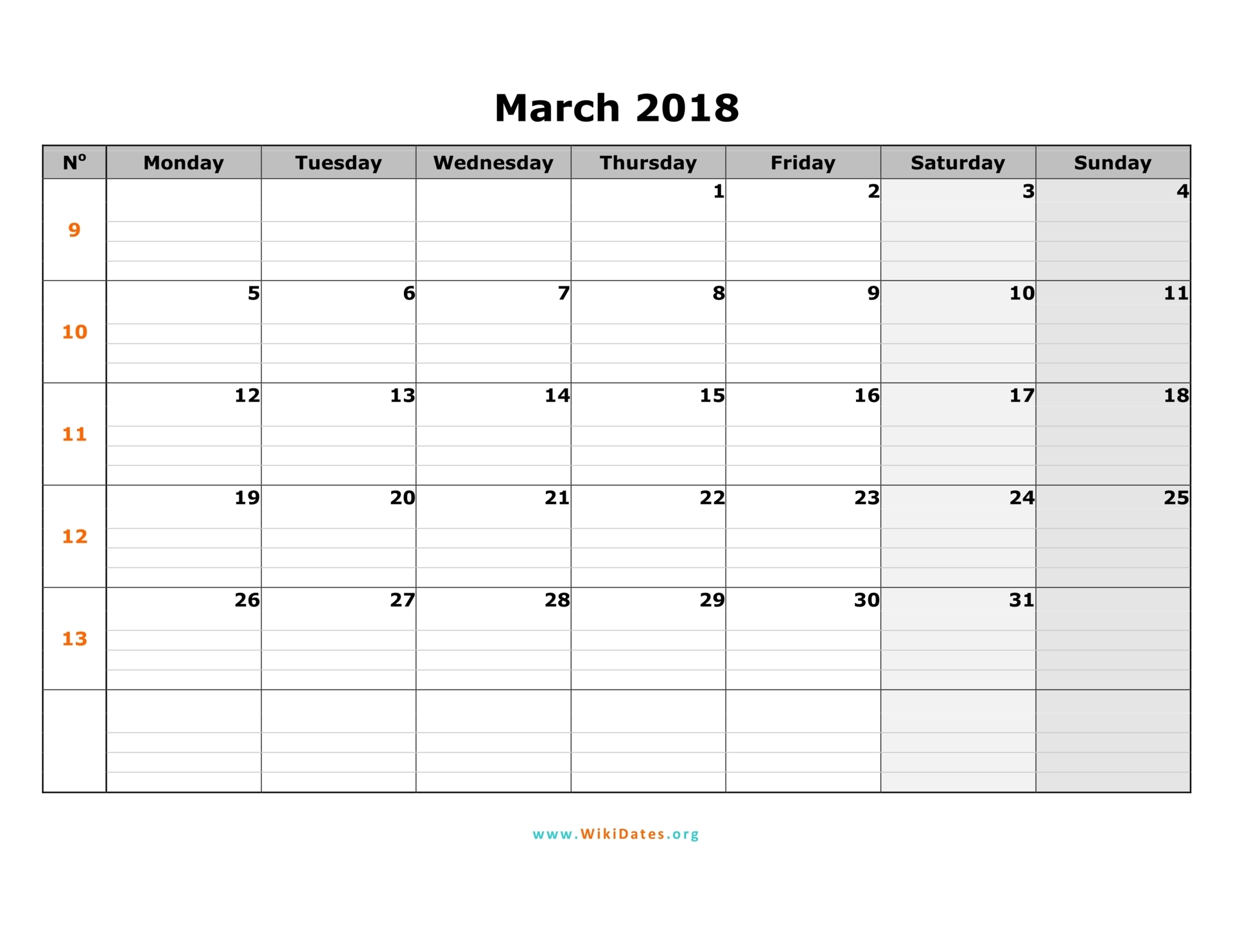 2018 March Calendar Free