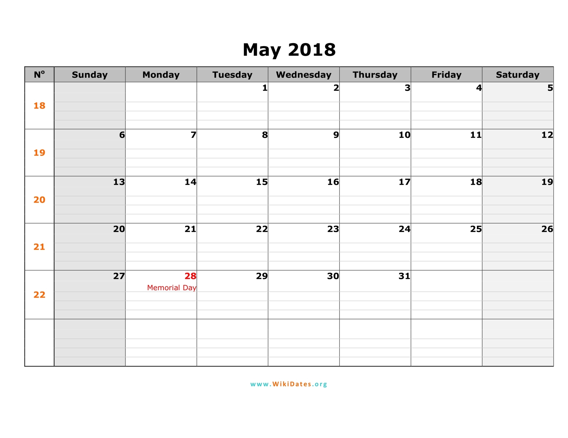 May 2018 Calendar