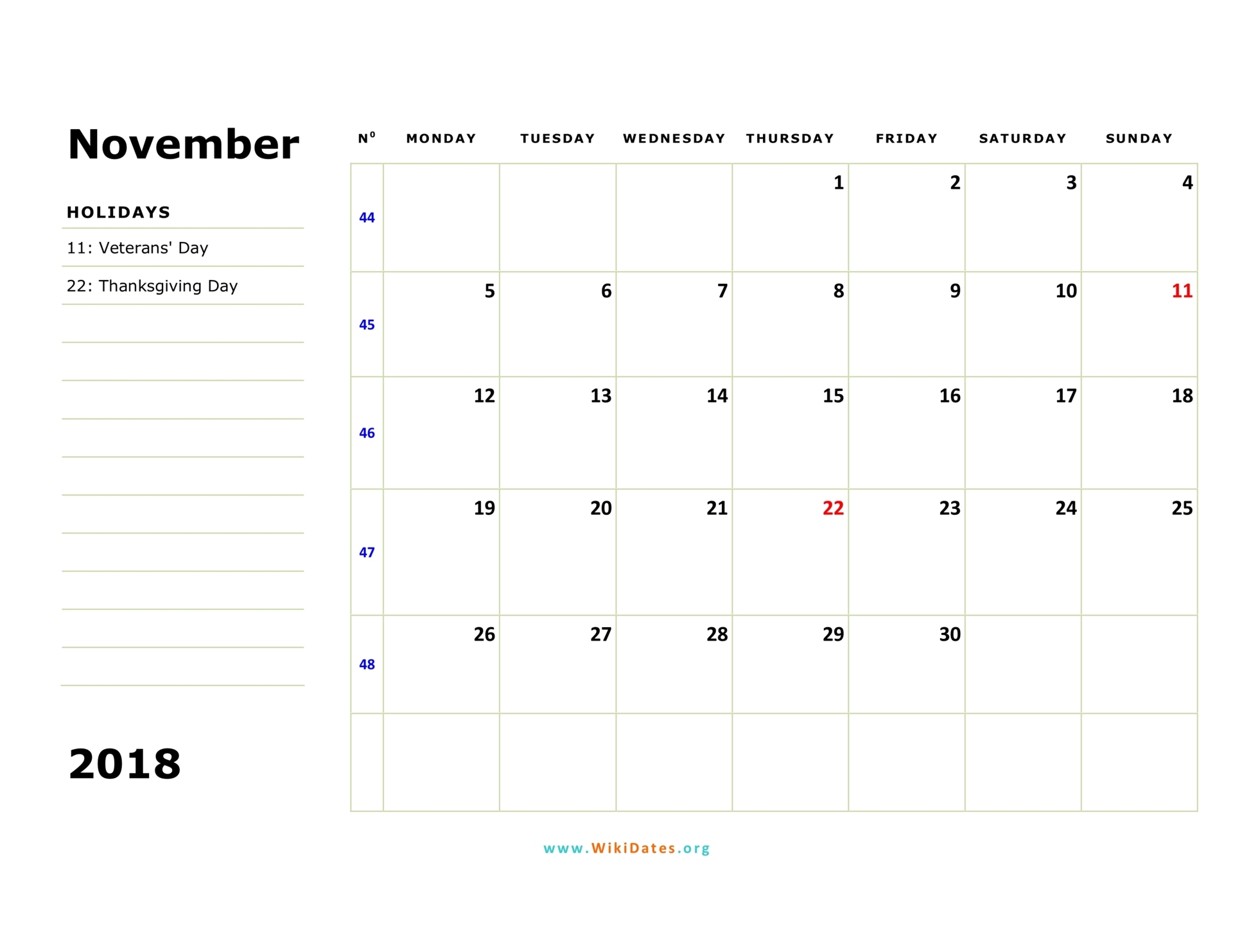 November 2018 Calendar | WikiDates.org November 2018 Calendar | WikiDates.org