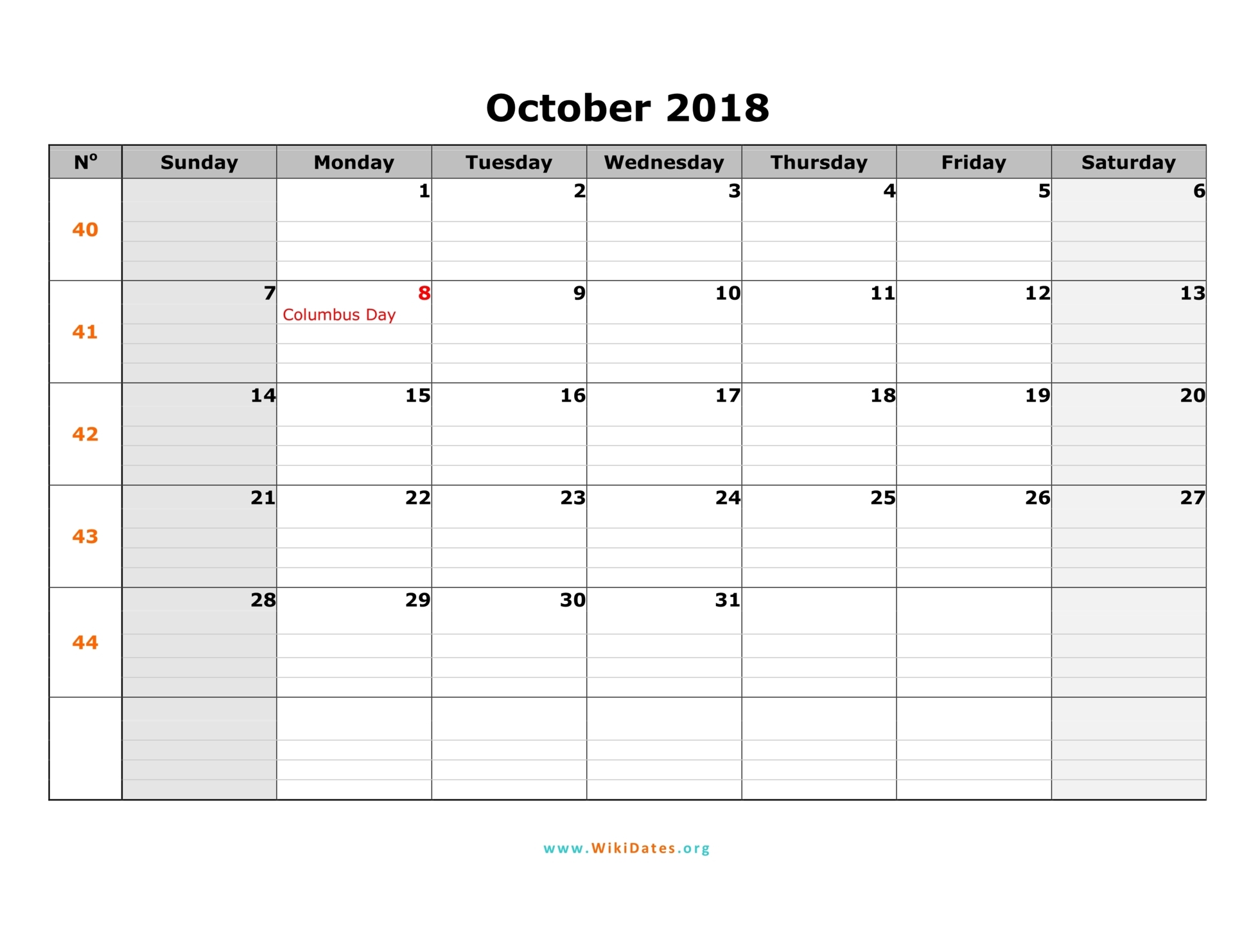 Calendar 2018 For October
