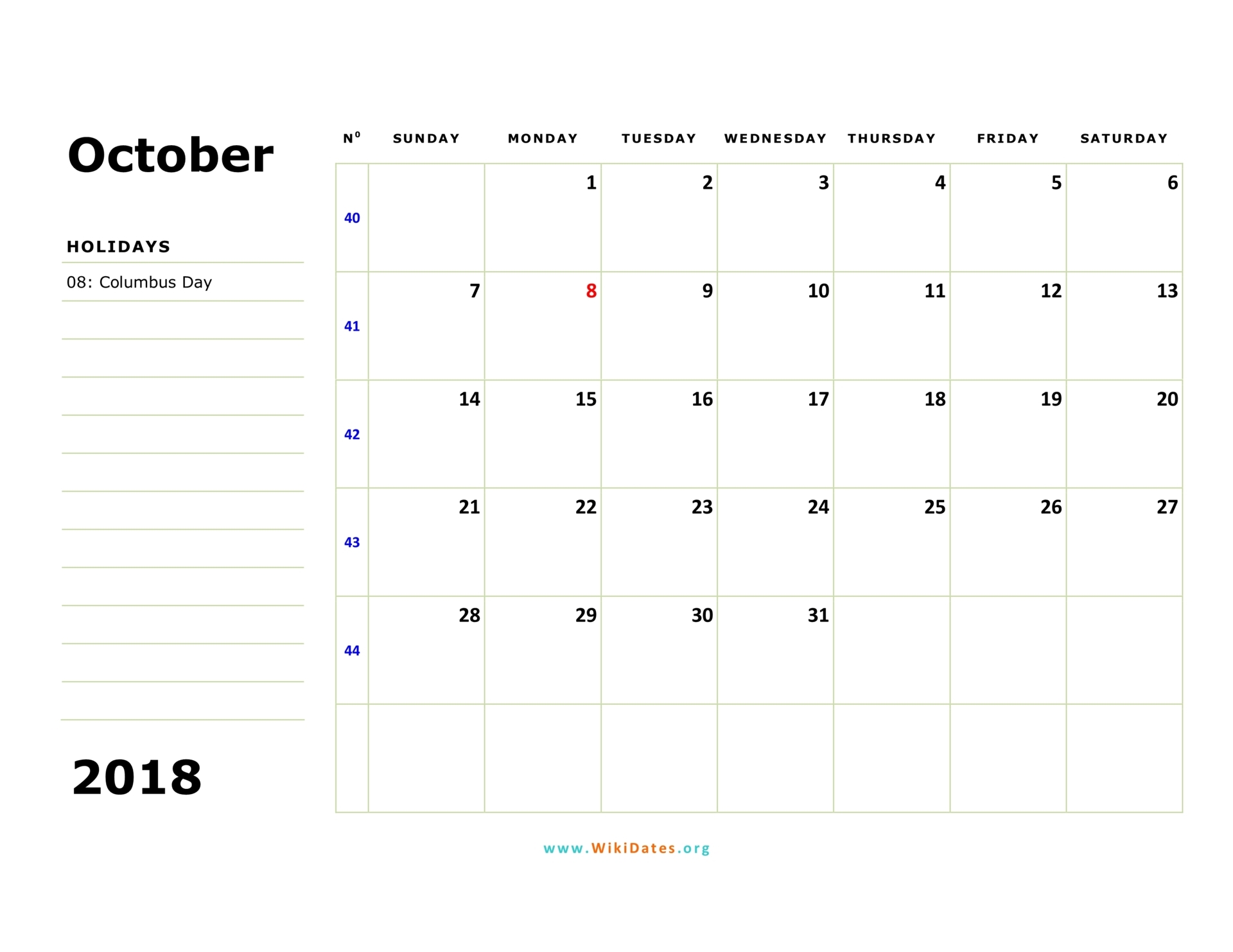 october-2018-calendar-printable-with-notes-calendar-worksheets-cute