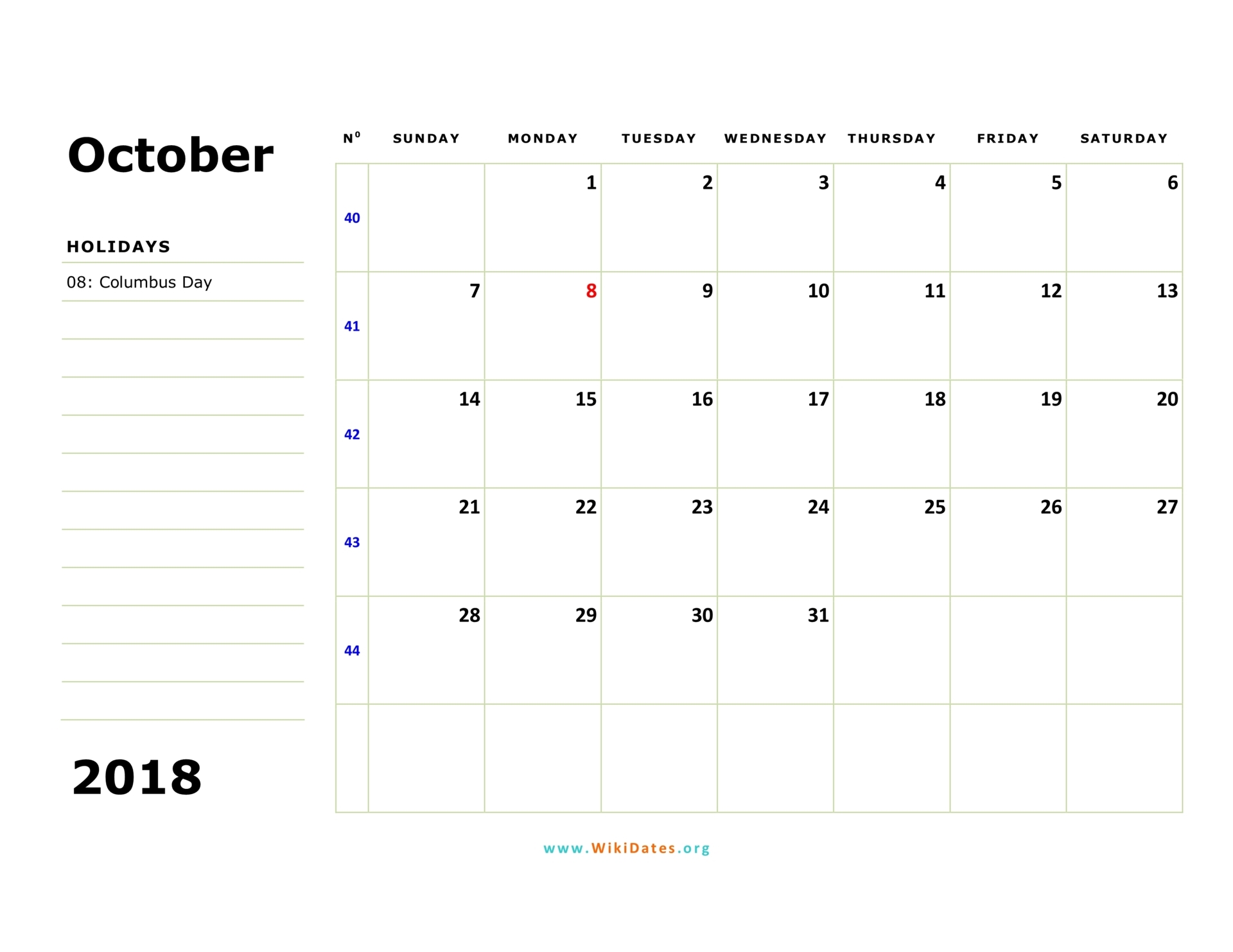 October 2018 Calendar WikiDates