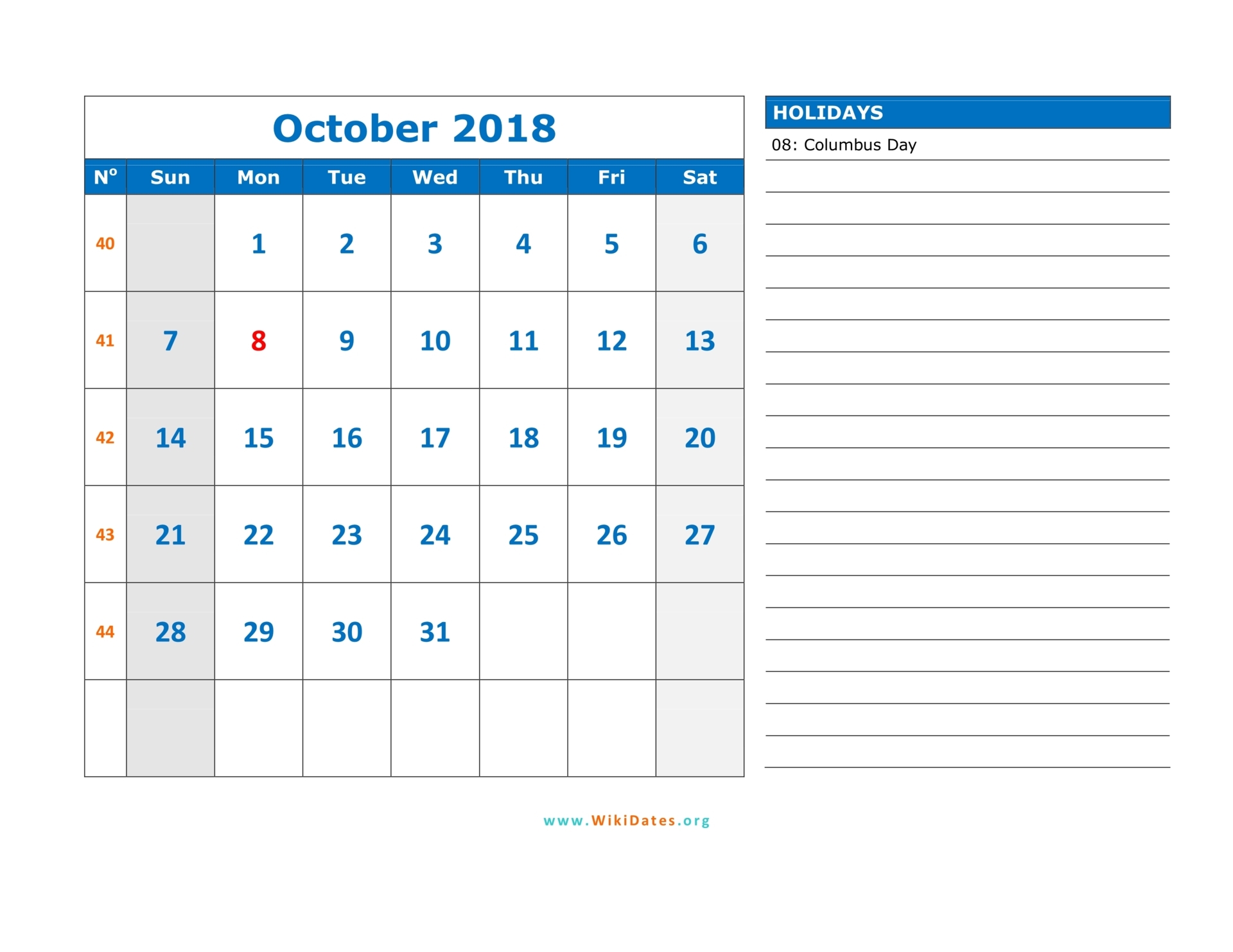 october 2018 calendar template