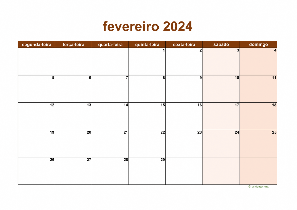 Calendário Fevereiro 2024
