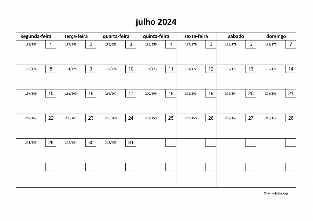 Calendário Julho 2024
