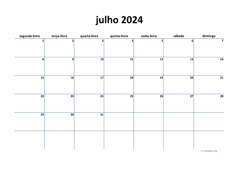 Calendário Julho 2024