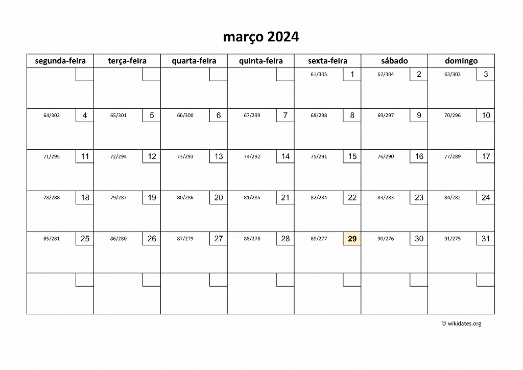 Calendário Março 2024